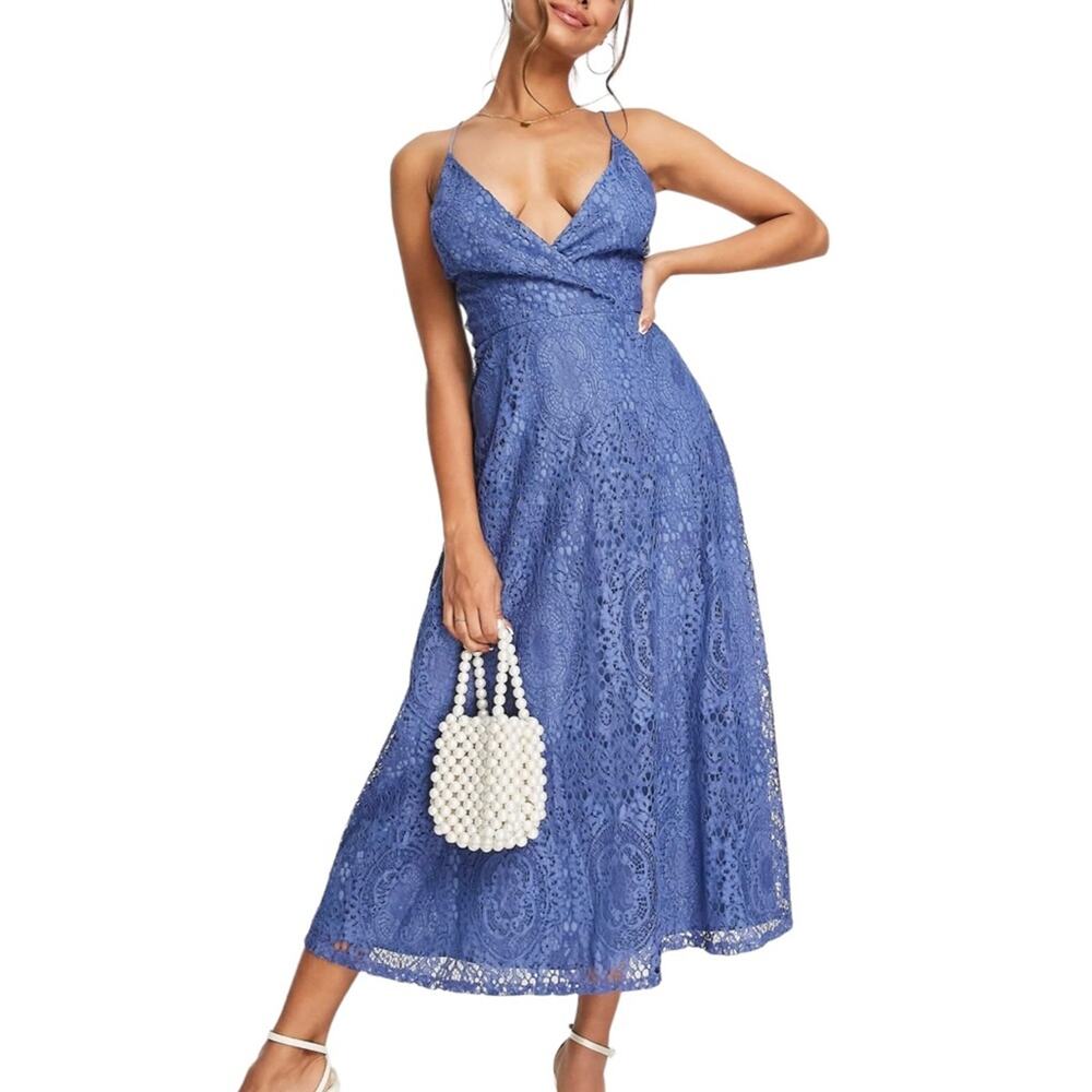 NWOT ASOS Design Blue Lace Plunge Midi Lace Up Back Dress US 4